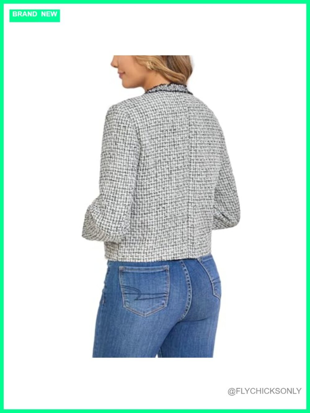 Cropped Tweed Blazer Long Sleeve Crewneck Open Front Lace Trim Lightweight - Picture 5 of 6